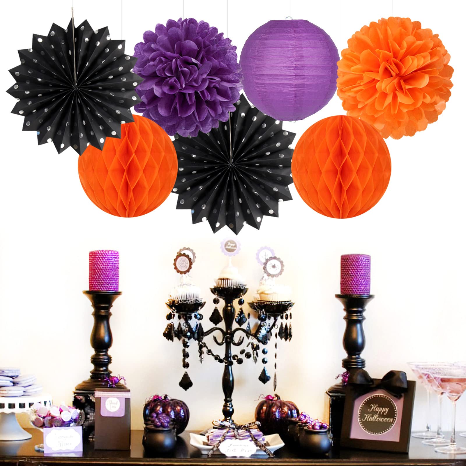 Black Orange Purple Halloween Party-Decorations - 14pcs Kits Paper Lanterns Fan,Tissue Flower Pom Poms Streamers,Honeycomb Balls,Graduation Birthday Wedding Baby Bridal Shower Decor Lasting Surprise