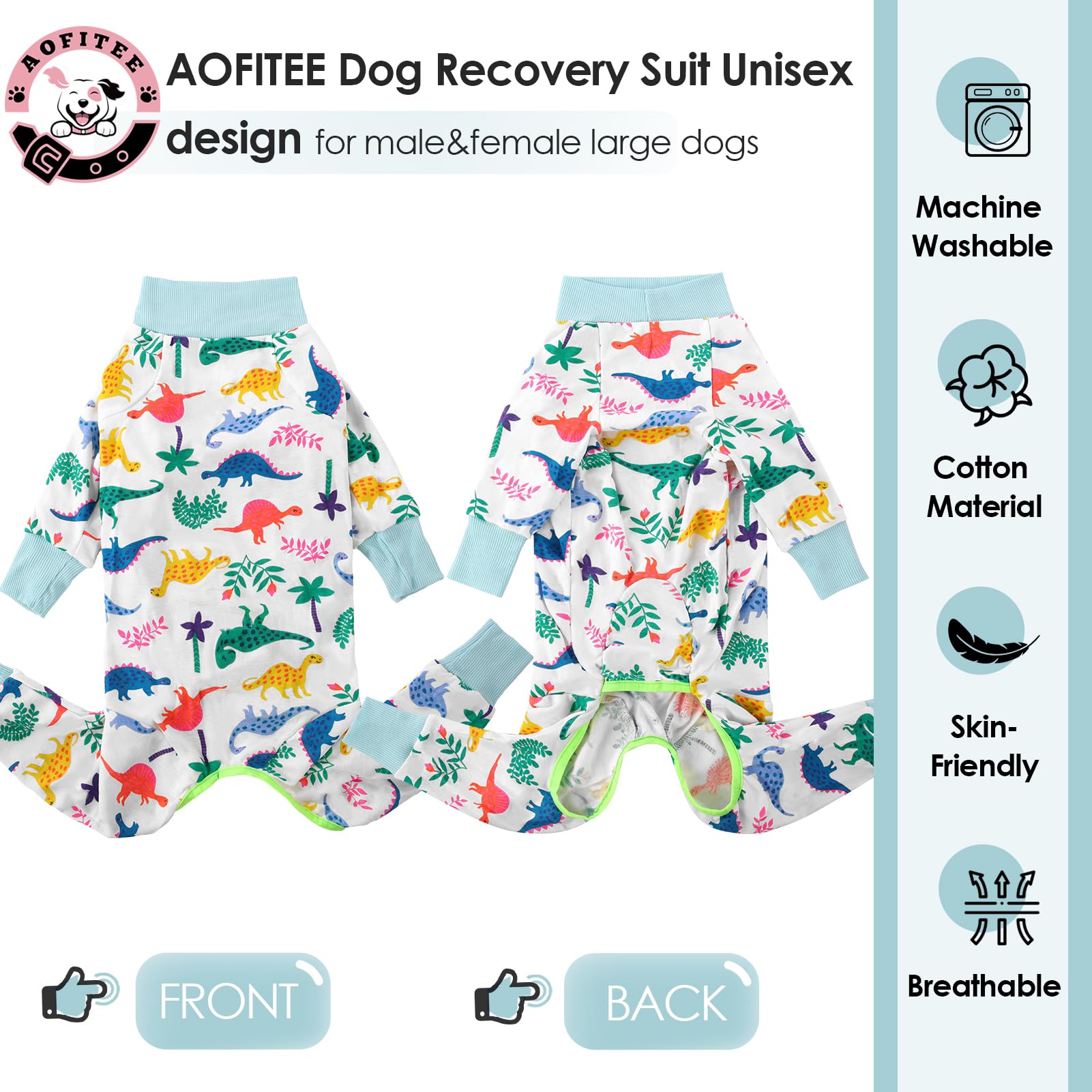 AOFITEE Dog Recovery Suit After Surgery Dog Onesie, Dog Surgical Recovery Shirt for Abdominal Wounds, Dinosaur Print Dog Pajamas Bodysuit for Medium Large Dog Cone Alternative, Full Body for Shedding