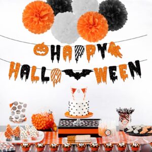 Black Orange White Halloween Party-Decorations - 8pcs Kits Happy Halloween Banner, Tissue Flower Paper Pom Poms Streamers,Bat Decor Garland,Birthday Wedding Baby Bridal Shower Lasting Surprise