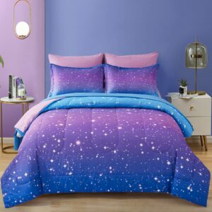 drucon rainbow comforter set queen size for teen girl &boys,7 pieces bed in a bag blue purple rainbow bedding set queen size(1 comforter, 1 flat sheet, 1 fitted sheet, 2 pillow sham, 2 pillowcases)