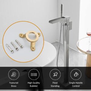 BESy Freestanding Bathtub Faucet Waterfall Tub Filler Brushed Nickel Floor Mount Brass Single Handle Bathroom Tub Faucets with 2 Function Hand Shower Wand