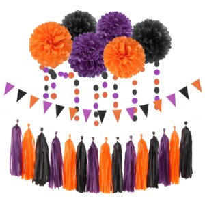 black purple orange halloween party-decorations - 23pcs tissue pom poms streamers,tassel garland banner,graduation 2023 birthday wedding baby bridal shower decor bunting lasting surprise