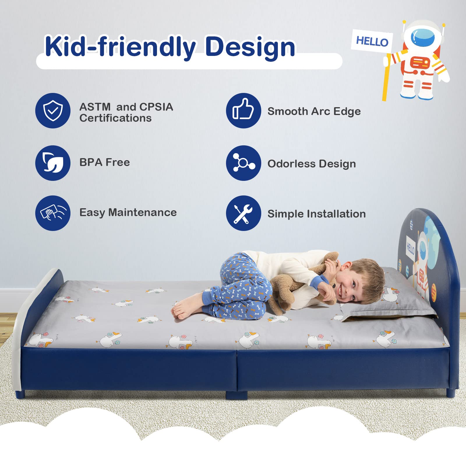 Costzon Twin Bed Frames for Kids, Wood Upholstered Twin Bed Platform with Slat Support, Padded Headboard&Footboard, No Box Spring Needed, Easy Assembly, Fits Standard Twin Mattress (Astronaut)