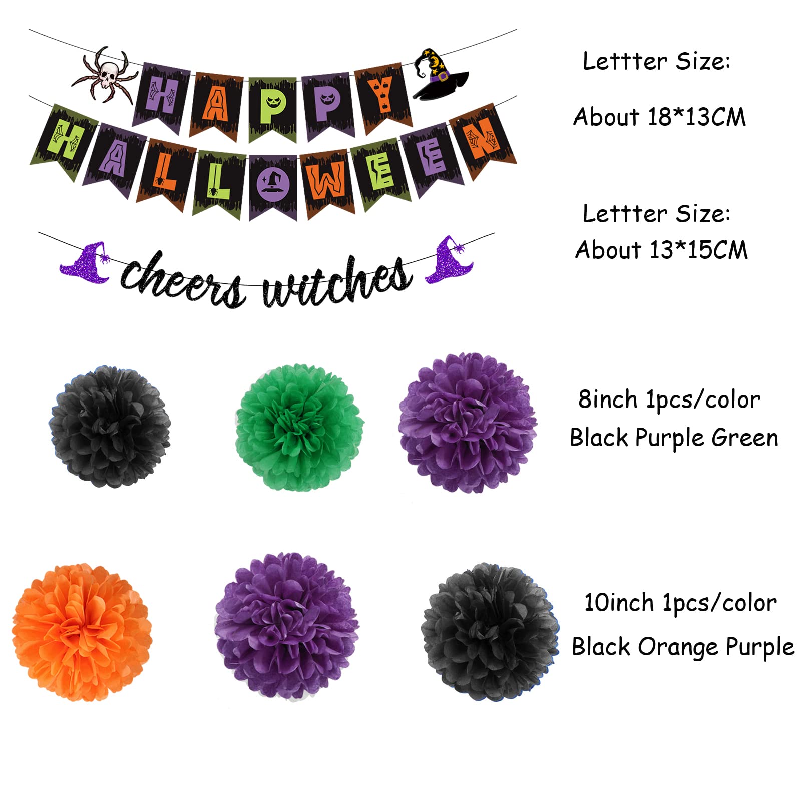 Black-Orange Green-Purple Halloween Party-Decorations - 8pc Kit Happy Halloween Banner, Tissue Flower Paper Pom Poms Streamers,Cheers Witches Garland,Birthday Bachelorette Baby Shower Lasting Surprise