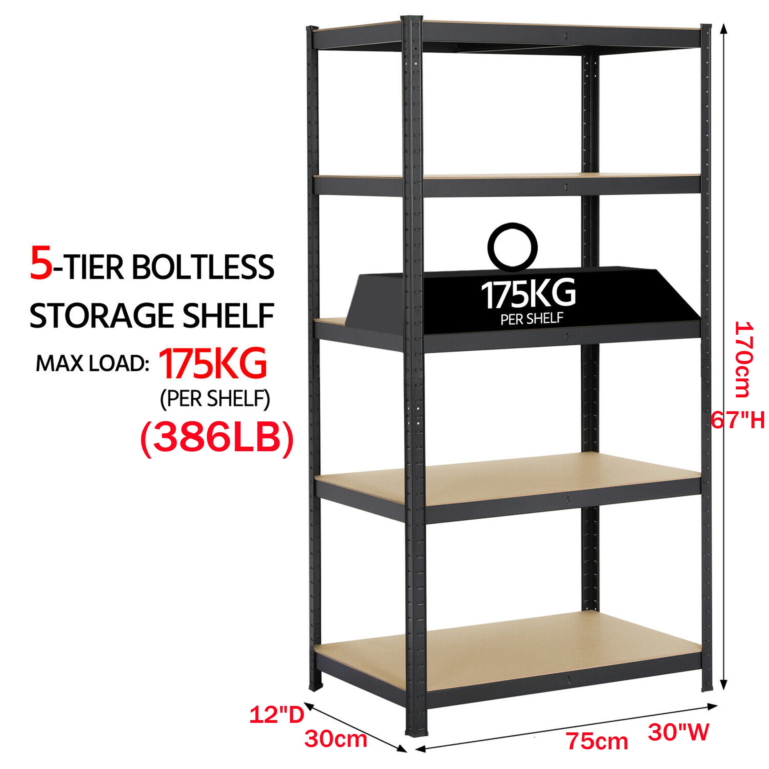 5-Tier Steel Storage Shelves, Heavy Duty Garage Shelf with Adjustable Shelves, Boltless Shelving Unit for Free Combination, Home Office Metal Utility Shelves, 67" H x 30" W x 12" D, Black