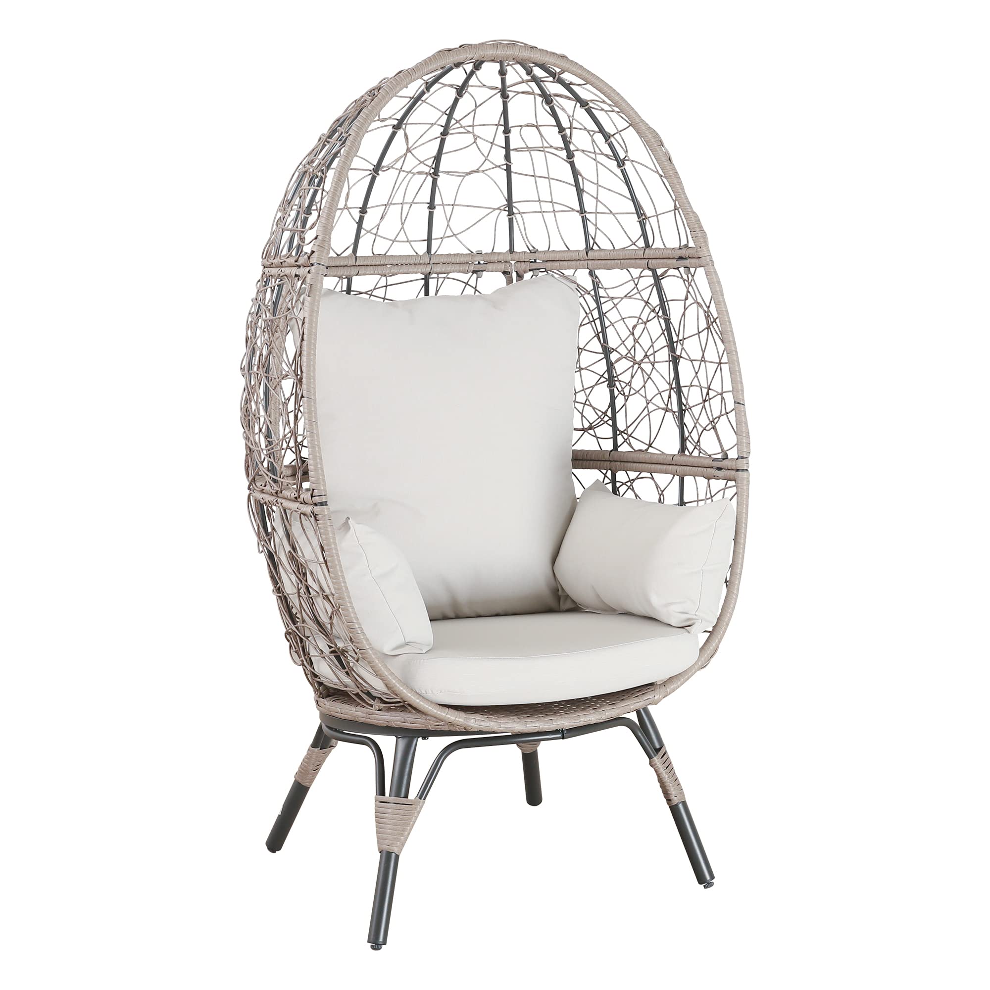 Patio Tree Outdoor Wicker Egg Lounge Chair, Patio Steel Rattan Lounge Chair with 4 Removable Cushions, Beige