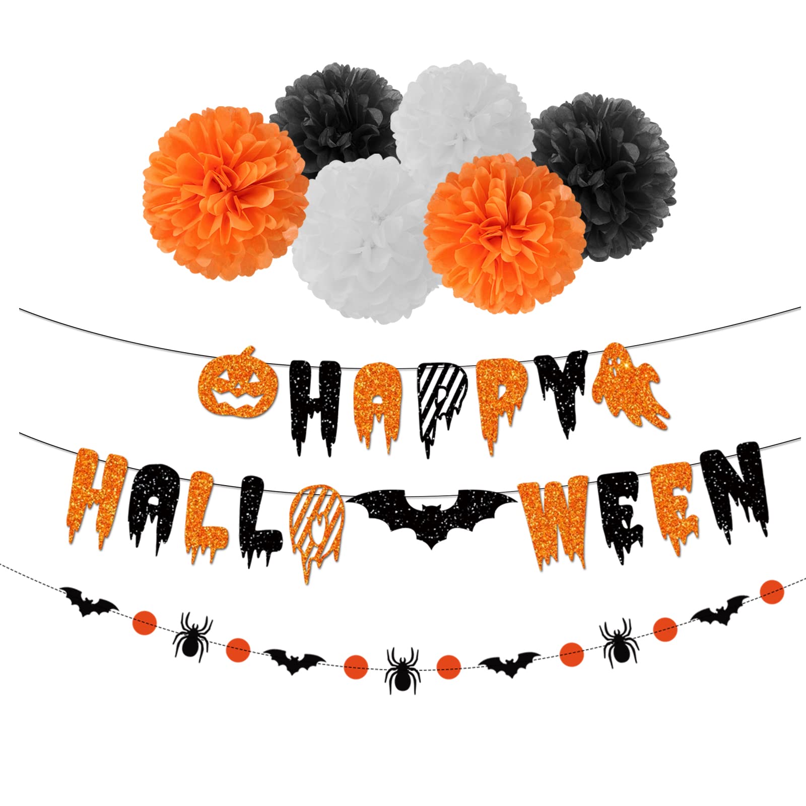 Black Orange White Halloween Party-Decorations - 8pcs Kits Happy Halloween Banner, Tissue Flower Paper Pom Poms Streamers,Bat Decor Garland,Birthday Wedding Baby Bridal Shower Lasting Surprise