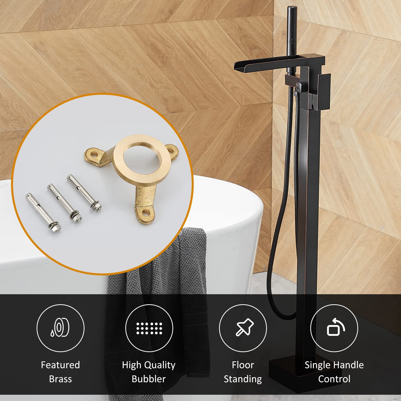 BESy Freestanding Bathtub Faucet Waterfall Tub Filler Oil Rubbed Bronze Floor Mount Brass Single Handle Bathroom Tub Faucets with 2 Function Hand Shower Wand