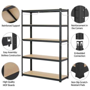 5-Tier Steel Storage Shelves, Heavy Duty Garage Shelf with Adjustable Shelves, Boltless Shelving Unit for Free Combination, Home Office Metal Utility Shelves, 67" H x 30" W x 12" D, Black