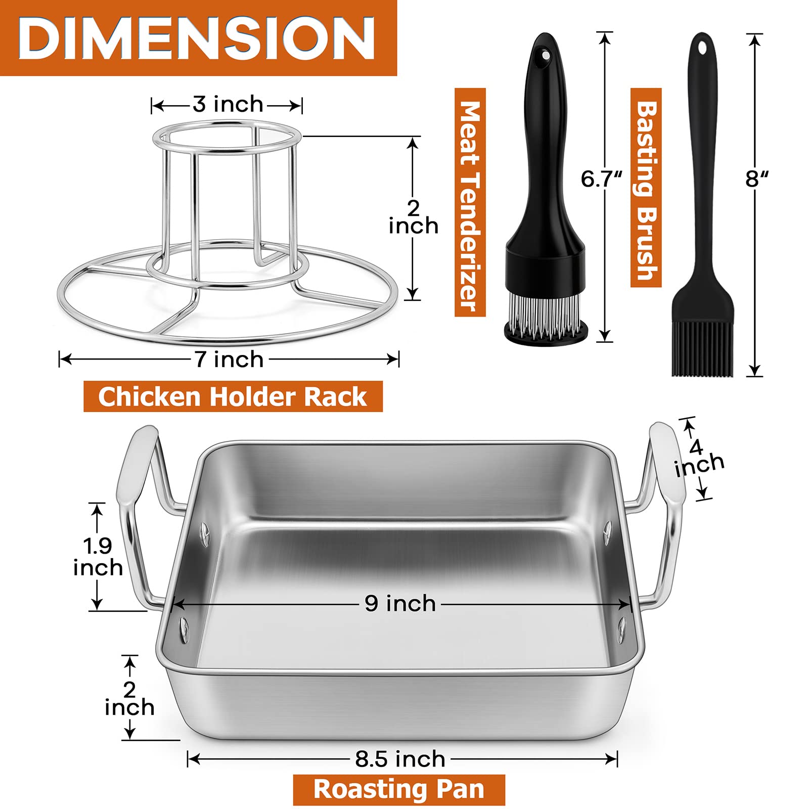 Roasting Pan with Beer Can Chicken Holder, Joyfair 9 inch Stainless Steel Square Roaster Baking Pans with Grill Racks & Riveted Handles for Oven Cooking BBQ Smoking, Heavy Duty & Dishwasher Safe (4)