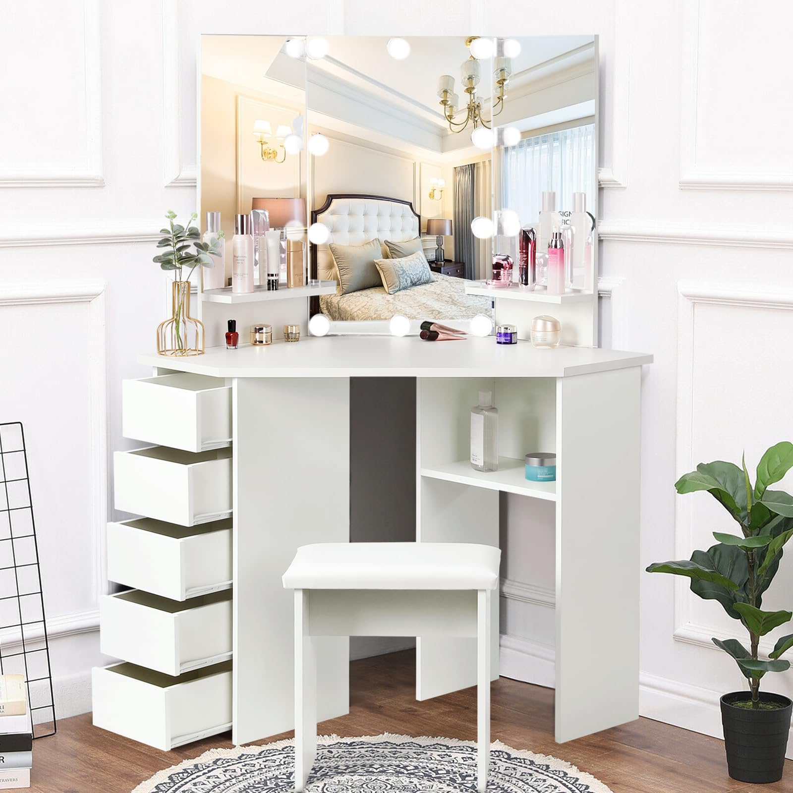 VOWNER Vanity Desk with Mirror and Lights - Vanity with 3 Lighting Options, Adjustable Brightness, Vanity Set with 5 Sliding Drawers, Shelves and Vanity Stool, Corner Vanity for Women Girls, White 43"