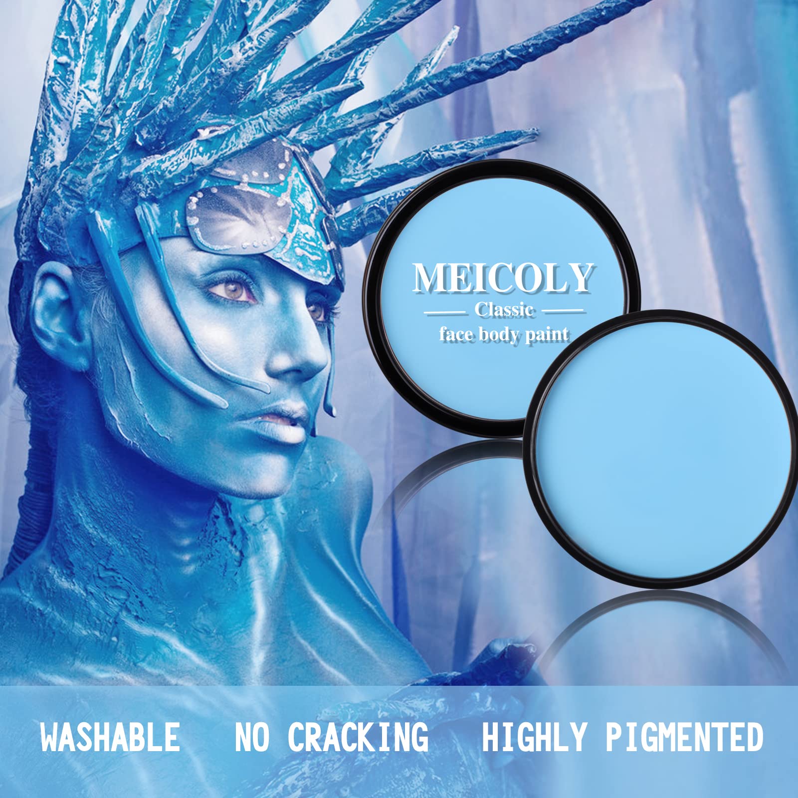 MEICOLY Blue Face Body Paint,1.05oz Water Based Washable Blue Face Paint Sadness,Pale Blue Face Painting for Adults and Kids,SFX Avatar Scary Corpse Bride Cosplay Halloween Sally Makeup,Light Blue