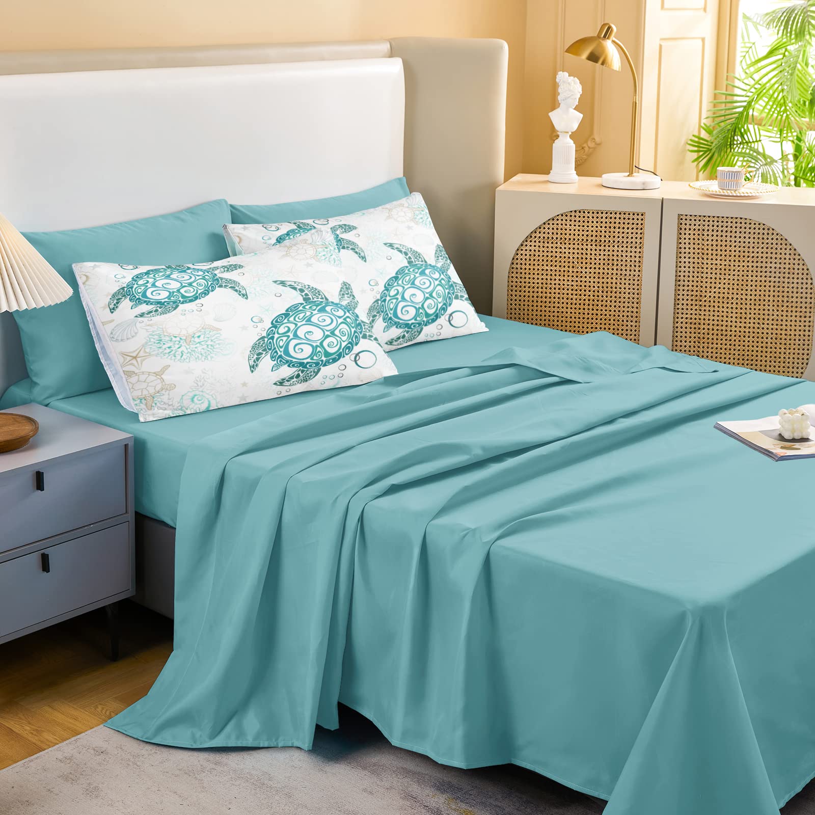 MOVE OVER Coastal Bedding Set Queen Size Sea Turtle Comforter Set with Sheet Set Teal Blue Ocean Comforter Set Beach Theme Bedding Set 8 Pieces Teal Sea Turtle Bedding Set for Summer