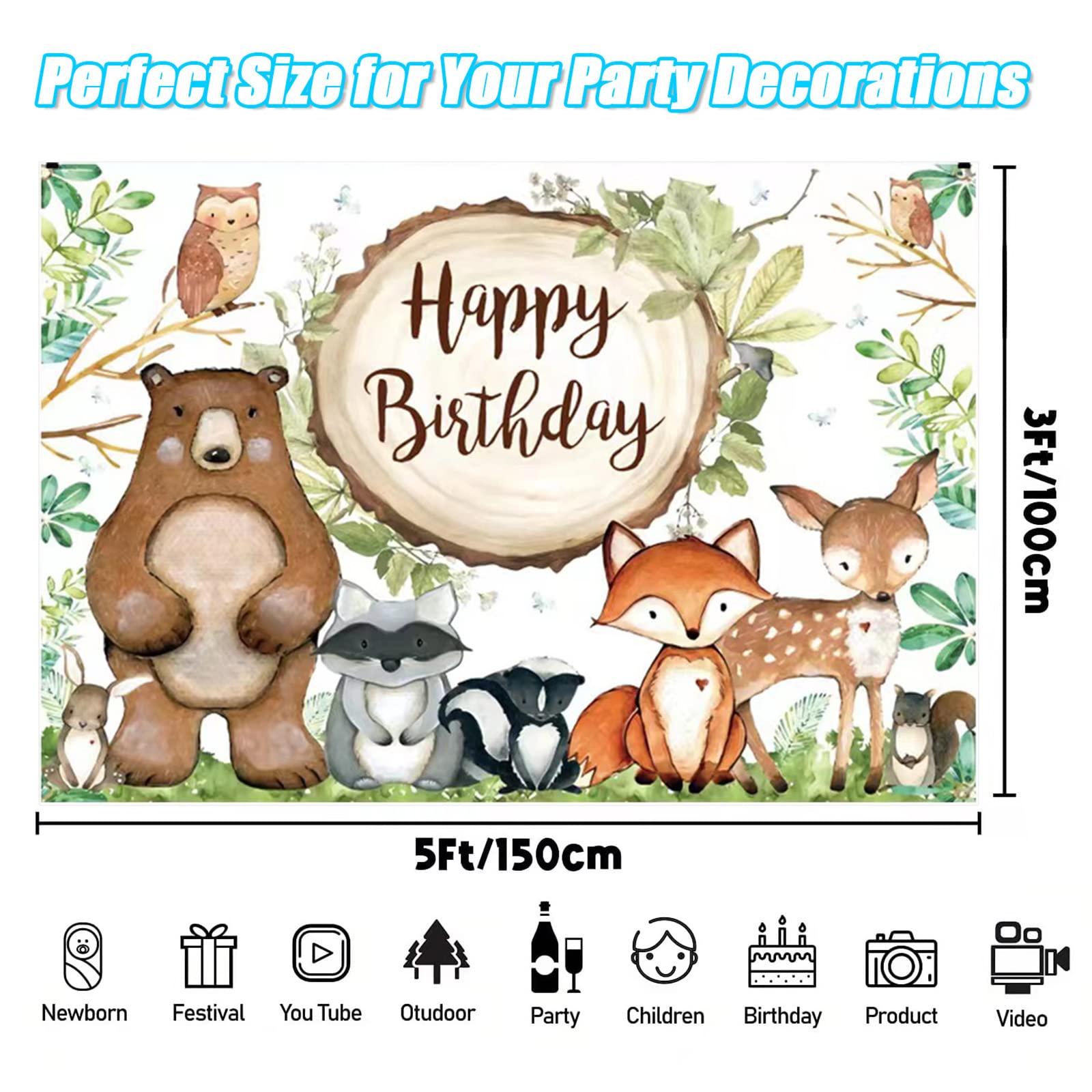 GENERC Large Jungle Animals Baby Shower Backdrop Banner, Woodland Animals Party Decorations, Safari Animals Birthday Decorations for Boy & Girl, Woodland Creature Forest Background Decor, 5 x 3FT