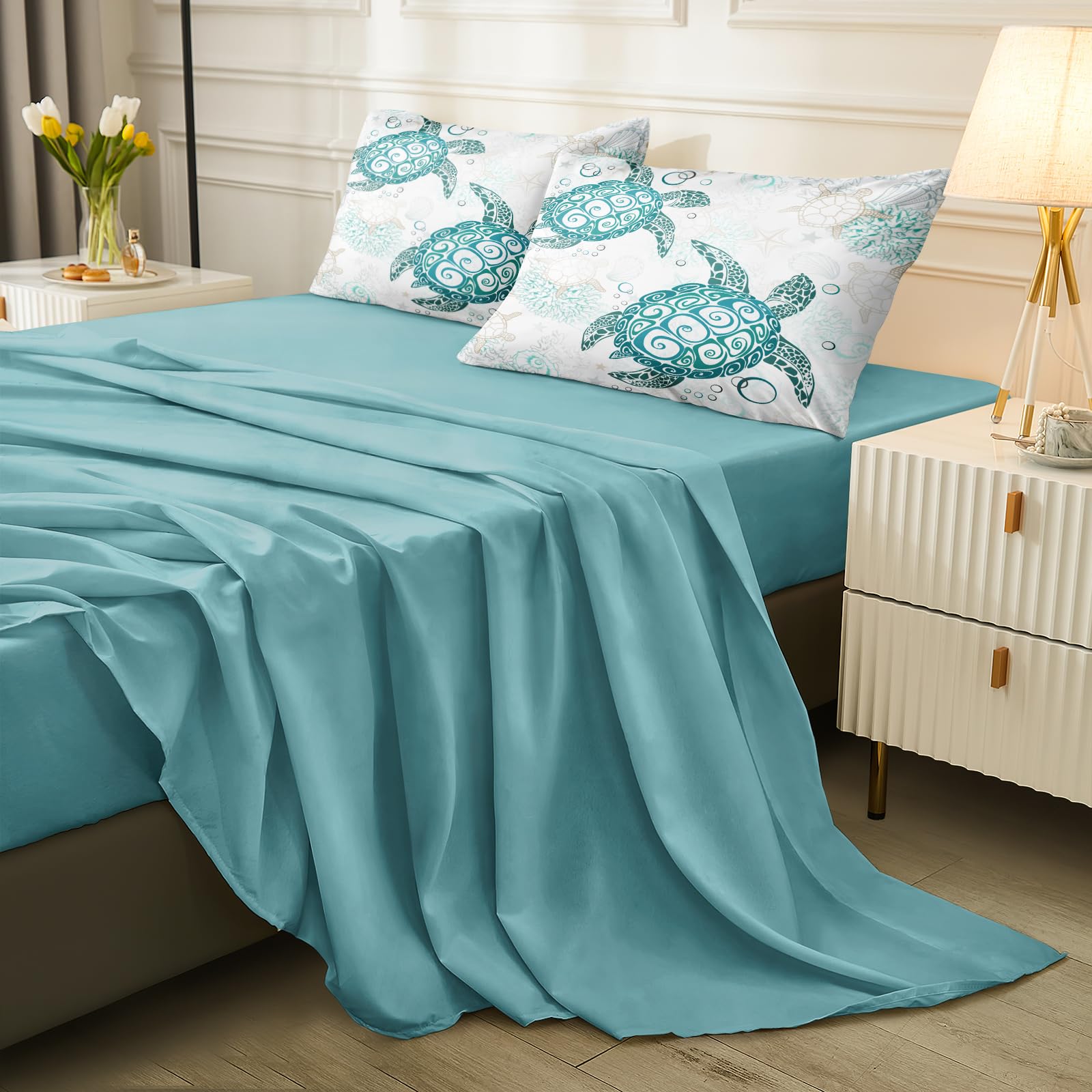 MOVE OVER Coastal Bedding Set Queen Size Sea Turtle Comforter Set with Sheet Set Teal Blue Ocean Comforter Set Beach Theme Bedding Set 8 Pieces Teal Sea Turtle Bedding Set for Summer