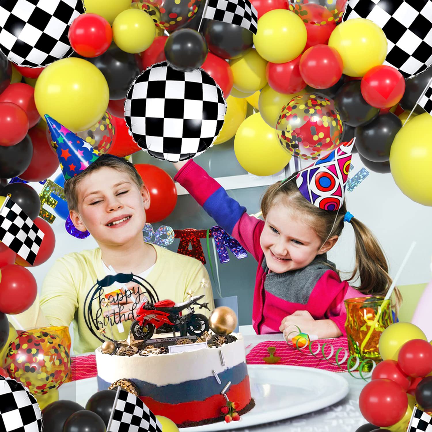 Race Car Balloon Garland Kit Red Black Yellow Latex Confetti Balloons Arch Black White Car Foil Balloons Flag for Baby Shower Cars Truck Party Decorations