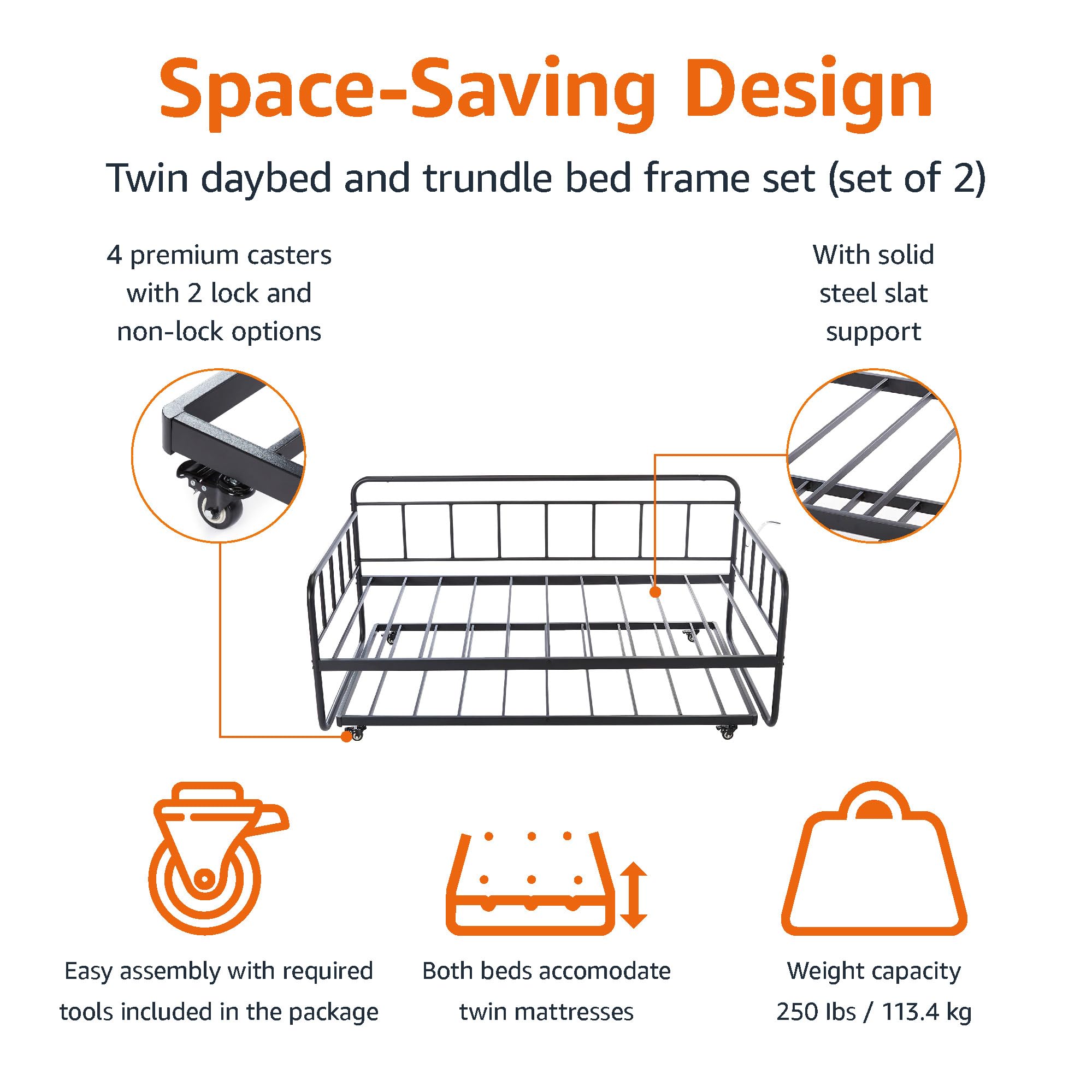 Amazon Basics Twin Daybed and Trundle Bed Frame Set, Easy Assembly, Space Saving, Steel Slat Support, Black, 77.3 x 40 x 35.4 in