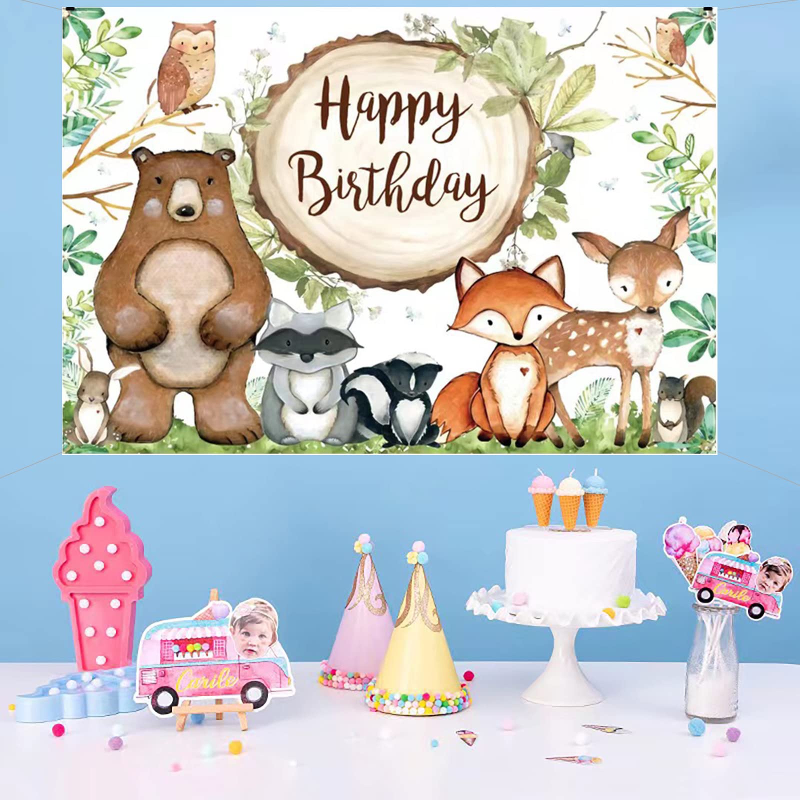 GENERC Large Jungle Animals Baby Shower Backdrop Banner, Woodland Animals Party Decorations, Safari Animals Birthday Decorations for Boy & Girl, Woodland Creature Forest Background Decor, 5 x 3FT