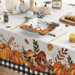 Horaldaily Fall Tablecloth 60x84 Inch Rectangular, Thanksgiving Autumn Harvest Pumpkin Mushroom Black Buffalo Plaid Table Cover for Party Picnic Dinner Decor