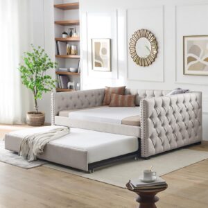 antetek daybed with trundle, modern upholstered full size button-tufted sofa bed frame with a roll-out trundle, no box spring needed, furniture for bedroom living room guest room (beige, full)