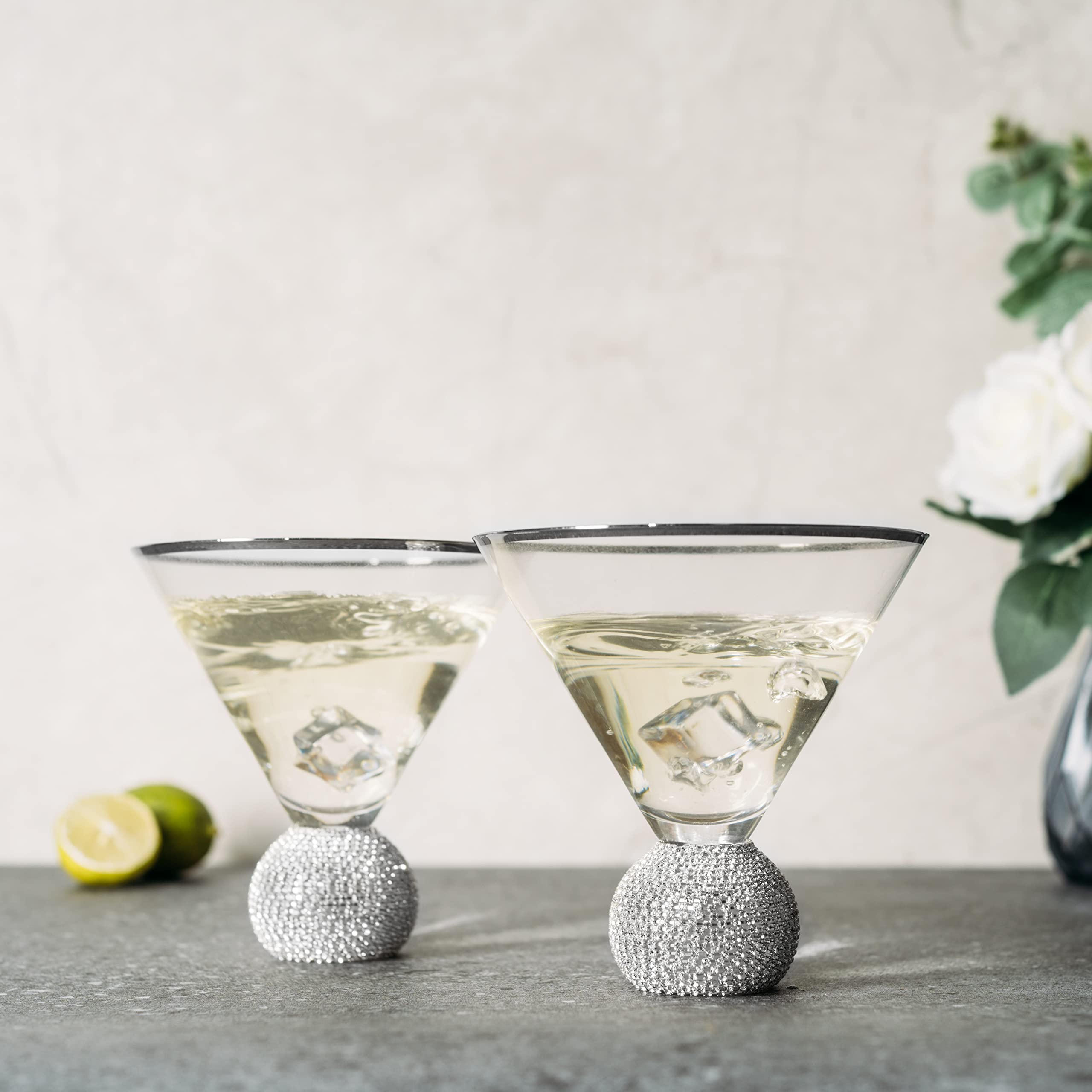 The Wine Savant Wedding Diamond Studded Martini & Cocktail Glasses Set of 2 Matte Silver Glasses, Rhinestone Diamonds Stemless Crystal Ball Base, Bar or Party 10.5 oz, Shiny Style Glass