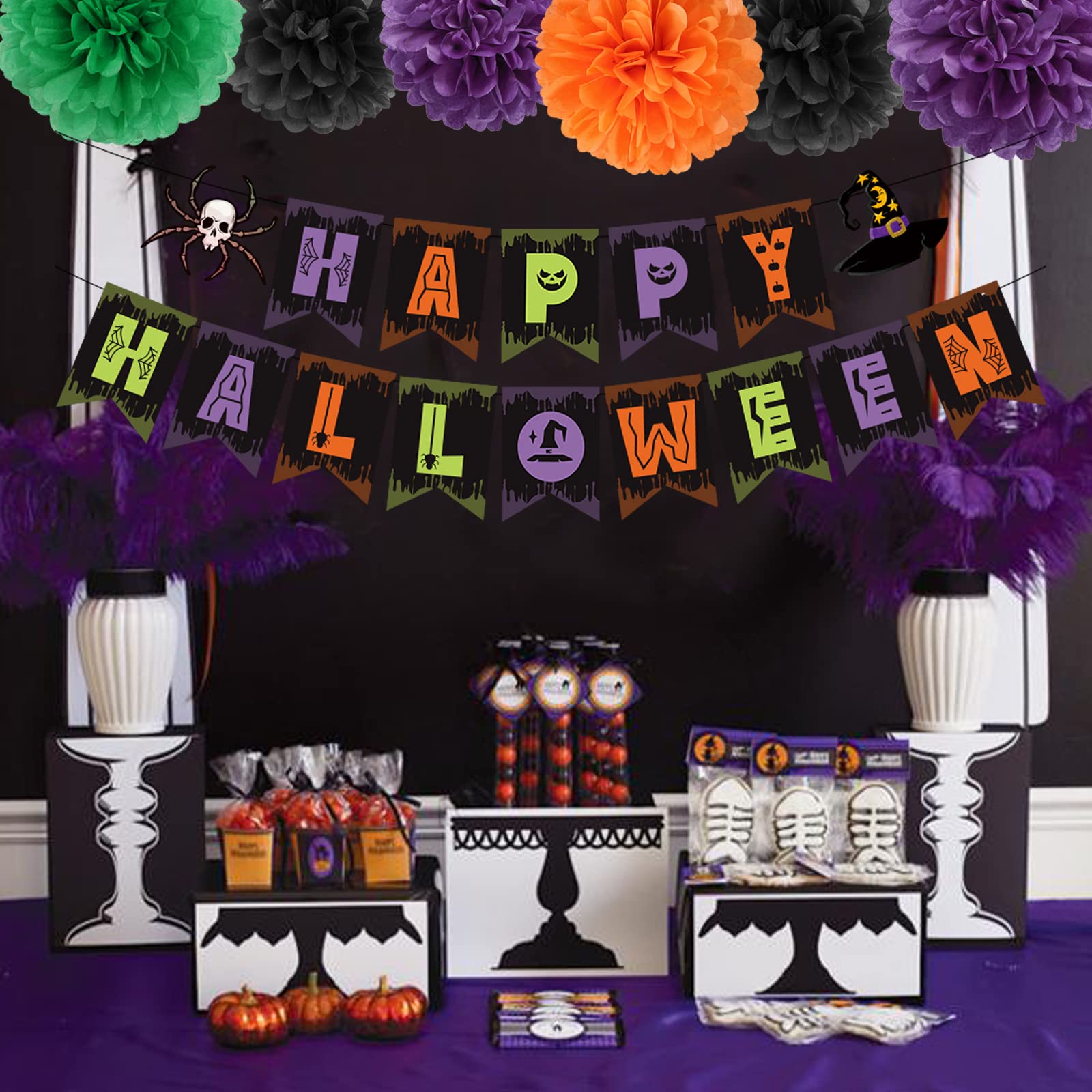 Black-Orange Green-Purple Halloween Party-Decorations - 8pc Kit Happy Halloween Banner, Tissue Flower Paper Pom Poms Streamers,Cheers Witches Garland,Birthday Bachelorette Baby Shower Lasting Surprise