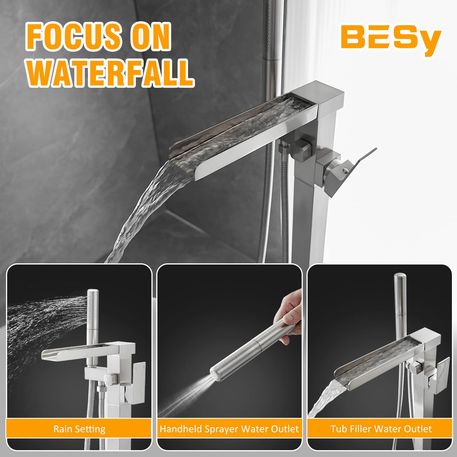 BESy Freestanding Bathtub Faucet Waterfall Tub Filler Brushed Nickel Floor Mount Brass Single Handle Bathroom Tub Faucets with 2 Function Hand Shower Wand