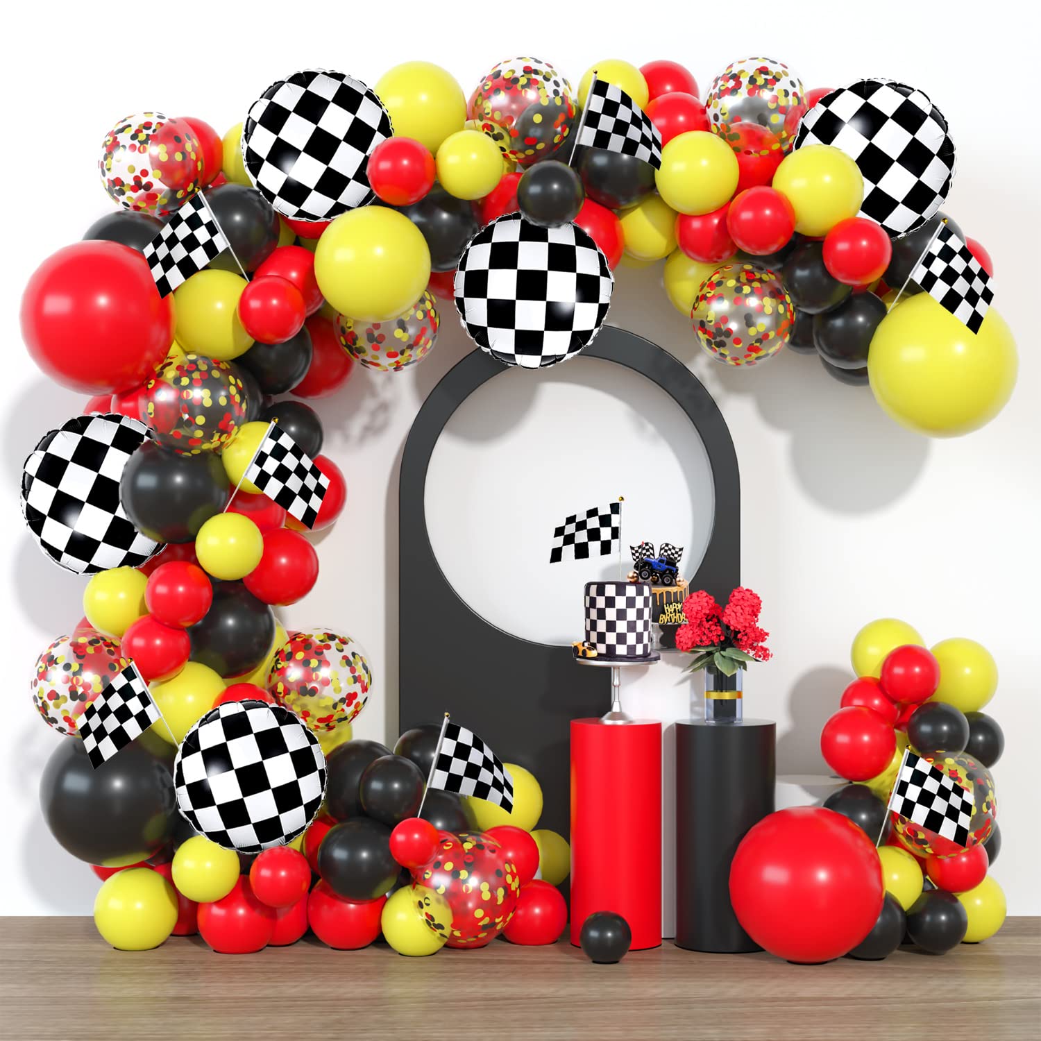 Race Car Balloon Garland Kit Red Black Yellow Latex Confetti Balloons Arch Black White Car Foil Balloons Flag for Baby Shower Cars Truck Party Decorations