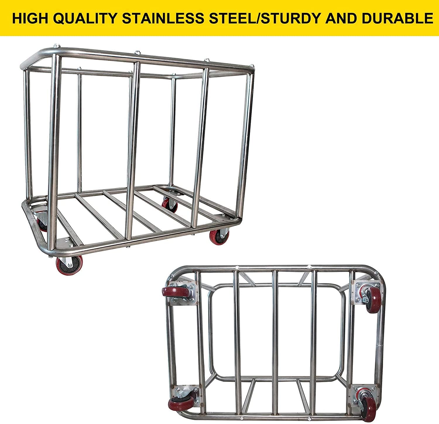 Large Stainless Steel Laundry Cart with Wheels,Basket Bulk Truck Commercial, Stainless Steel Heavy Duty Rolling Laundry Cart for Industrial/Home/Hotel