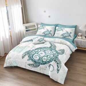 MOVE OVER Coastal Bedding Set Queen Size Sea Turtle Comforter Set with Sheet Set Teal Blue Ocean Comforter Set Beach Theme Bedding Set 8 Pieces Teal Sea Turtle Bedding Set for Summer