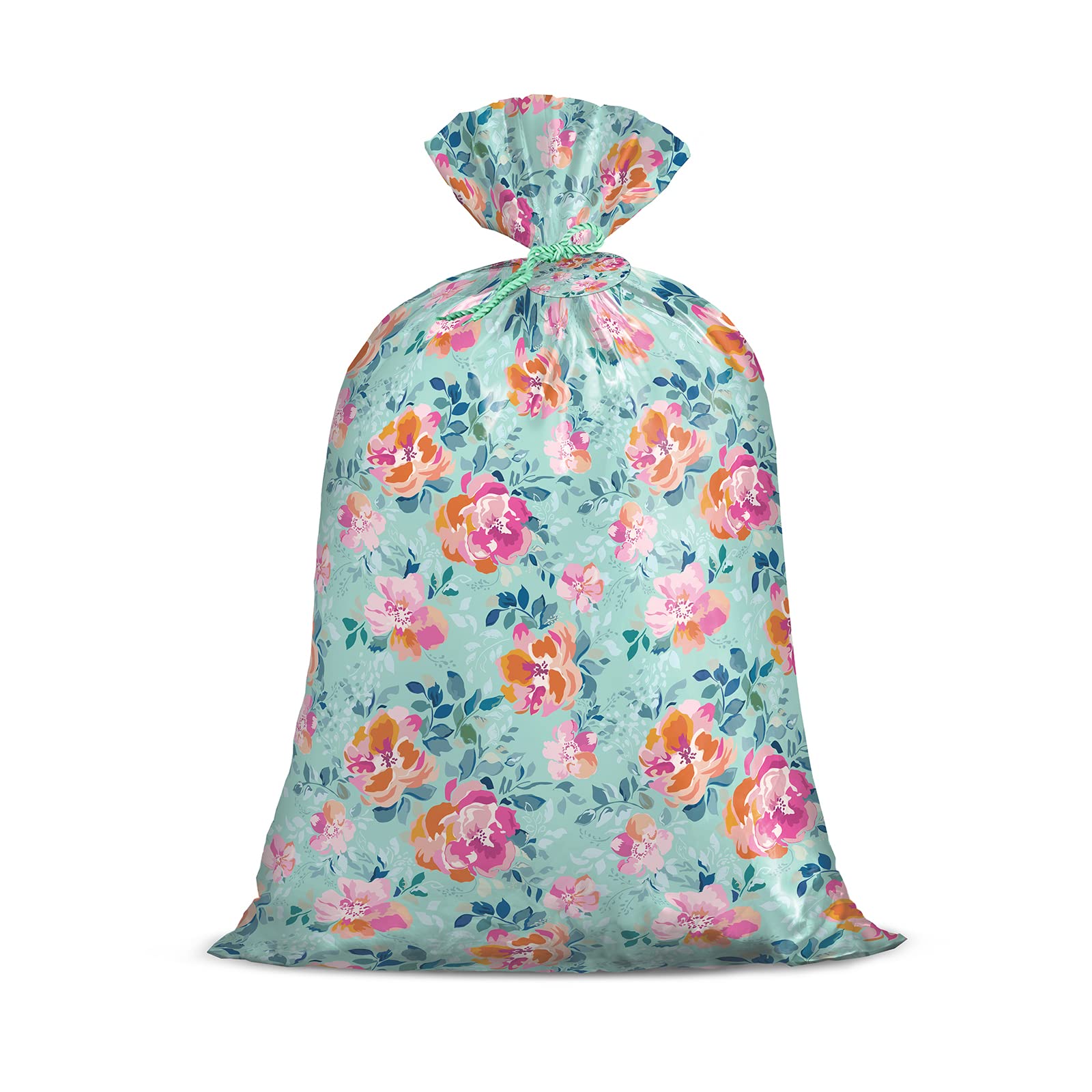 Loveinside Jumbo Large Plastic Gift Bag, Floral Design Plastic Bag with Tag and Tie for Birthday, Mother's Day, Wedding - 56" x 36", 1 Pcs - Mint Flower