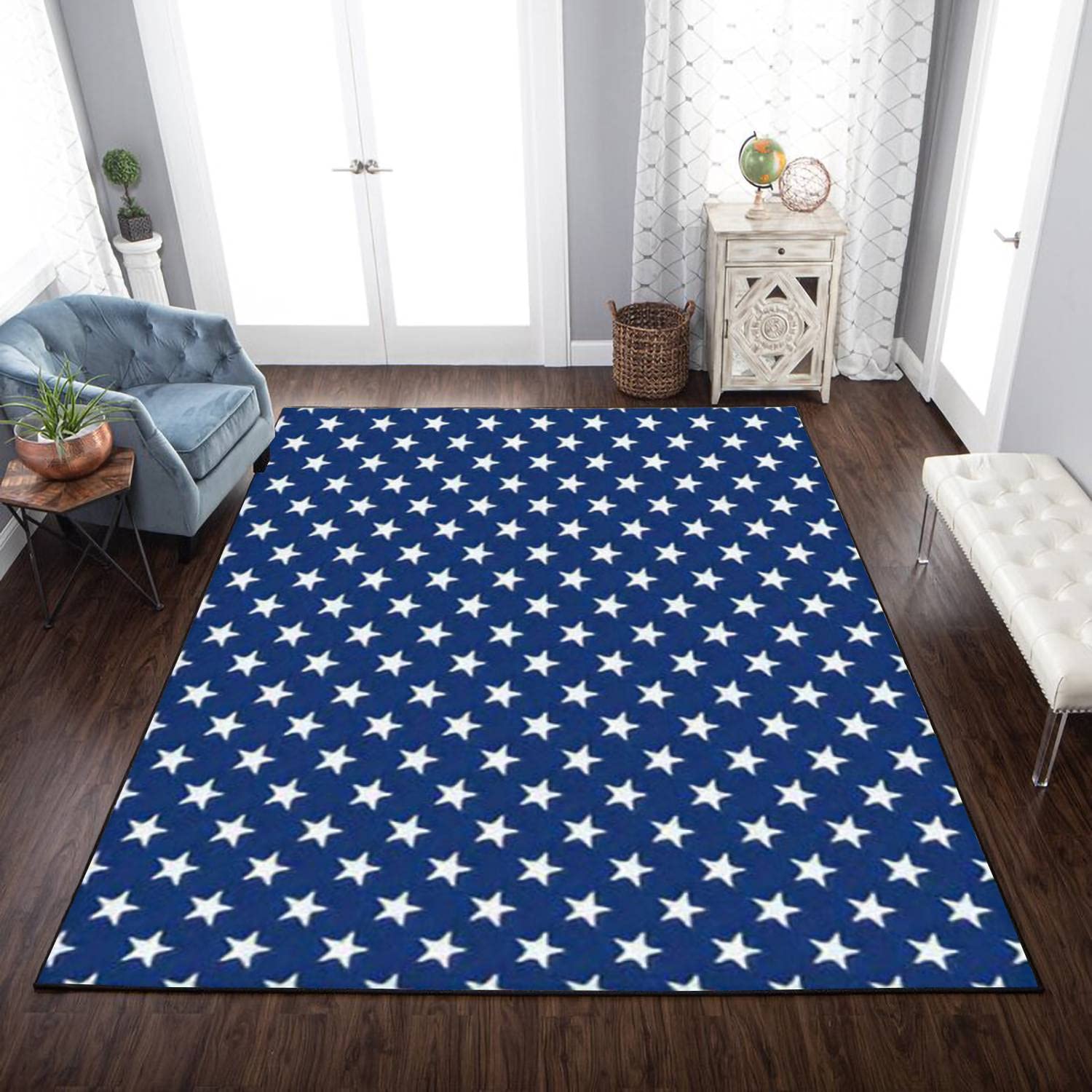 Area Rug Non-Slip Rug Style Seamless White Stars Blue Indoor Outdoor Living Room Bedroom Kids Room Carpet Runner Rug Home Decor Doormat Yoga Mat Patio Floor Mat