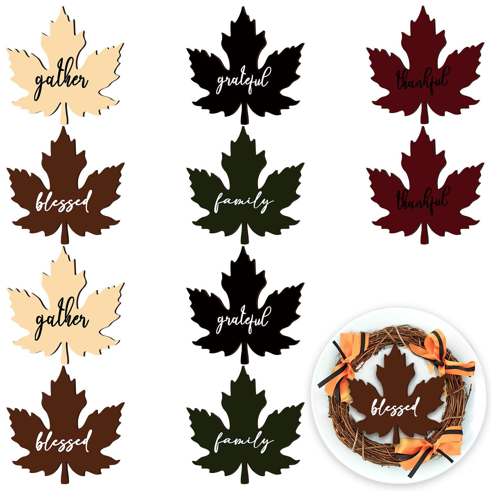 10 Pcs Thanksgiving Place Cards Maple Leaves Grateful Wood Signs Table Settings for Dining Table Decor Fall Plate Ornament Blessed Word Sign Rustic Thankful Signs Farmhouse Thanksgiving Decorations