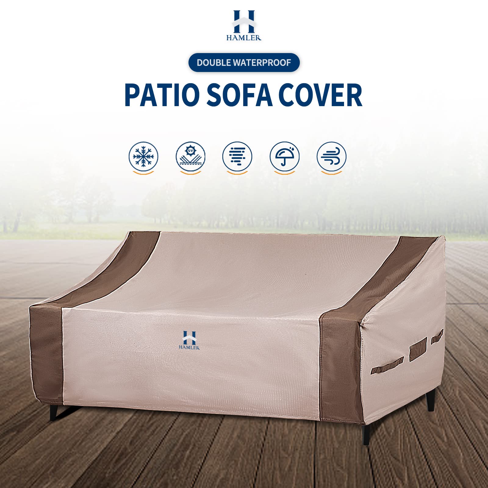 HAMLER Patio Sofa Cover, 2-Seater Heavy Duty Outdoor Couch Cover Waterproof, Outdoor Loveseat Cover with Air Vents and Handles, Outdoor Sofa Cover Fits up to 58"W x 32.5"D x 24"H, Brown & Beige