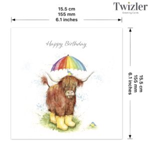 Twizler Birthday Card Highland Cow – Happy Birthday Card for Men or Women - Birthday Card for Him or Her - Unisex Card