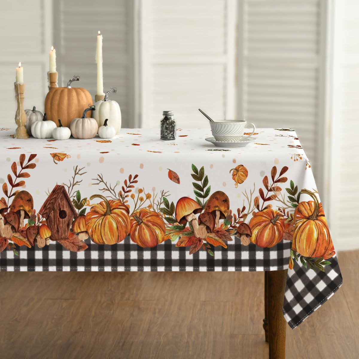 Horaldaily Fall Tablecloth 60x84 Inch Rectangular, Thanksgiving Autumn Harvest Pumpkin Mushroom Black Buffalo Plaid Table Cover for Party Picnic Dinner Decor