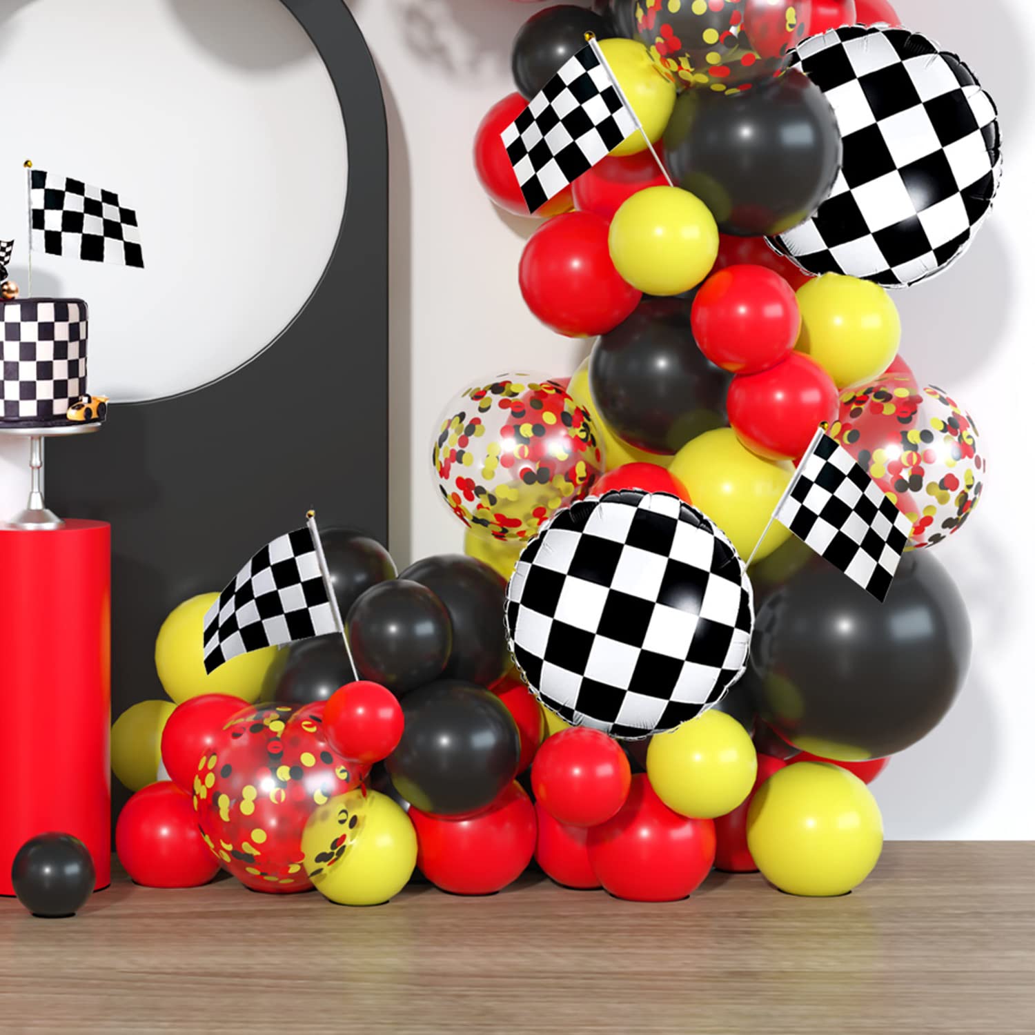 Race Car Balloon Garland Kit Red Black Yellow Latex Confetti Balloons Arch Black White Car Foil Balloons Flag for Baby Shower Cars Truck Party Decorations