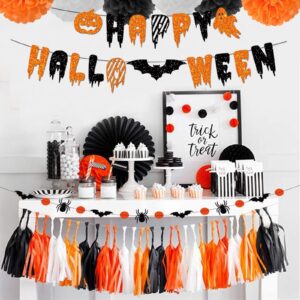 Black Orange White Halloween Party-Decorations - 8pcs Kits Happy Halloween Banner, Tissue Flower Paper Pom Poms Streamers,Bat Decor Garland,Birthday Wedding Baby Bridal Shower Lasting Surprise