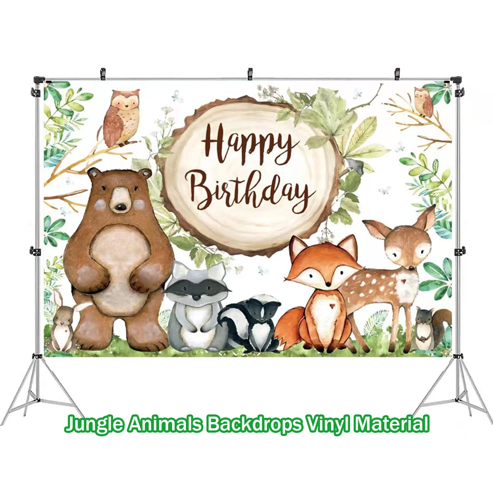 GENERC Large Jungle Animals Baby Shower Backdrop Banner, Woodland Animals Party Decorations, Safari Animals Birthday Decorations for Boy & Girl, Woodland Creature Forest Background Decor, 5 x 3FT