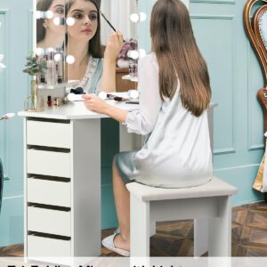 VOWNER Vanity Desk with Mirror and Lights - Vanity with 3 Lighting Options, Adjustable Brightness, Vanity Set with 5 Sliding Drawers, Shelves and Vanity Stool, Corner Vanity for Women Girls, White 43"