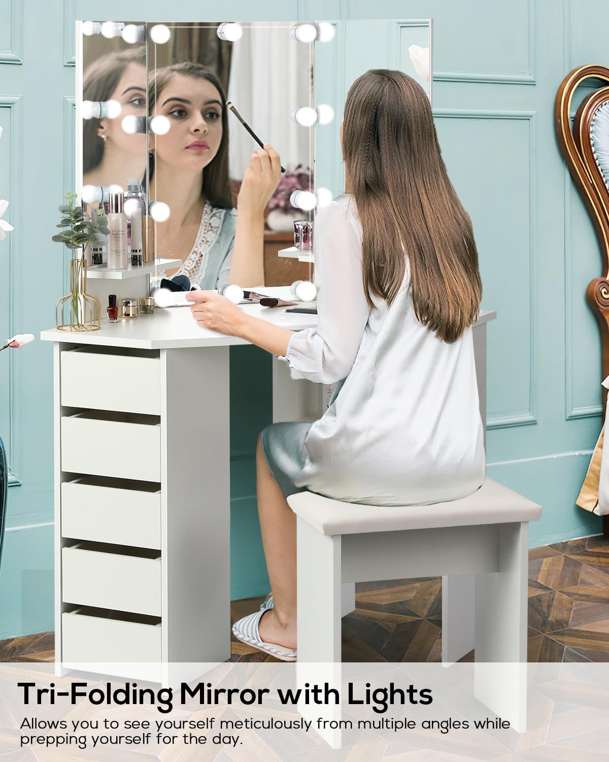 VOWNER Vanity Desk with Mirror and Lights - Vanity with 3 Lighting Options, Adjustable Brightness, Vanity Set with 5 Sliding Drawers, Shelves and Vanity Stool, Corner Vanity for Women Girls, White 43"