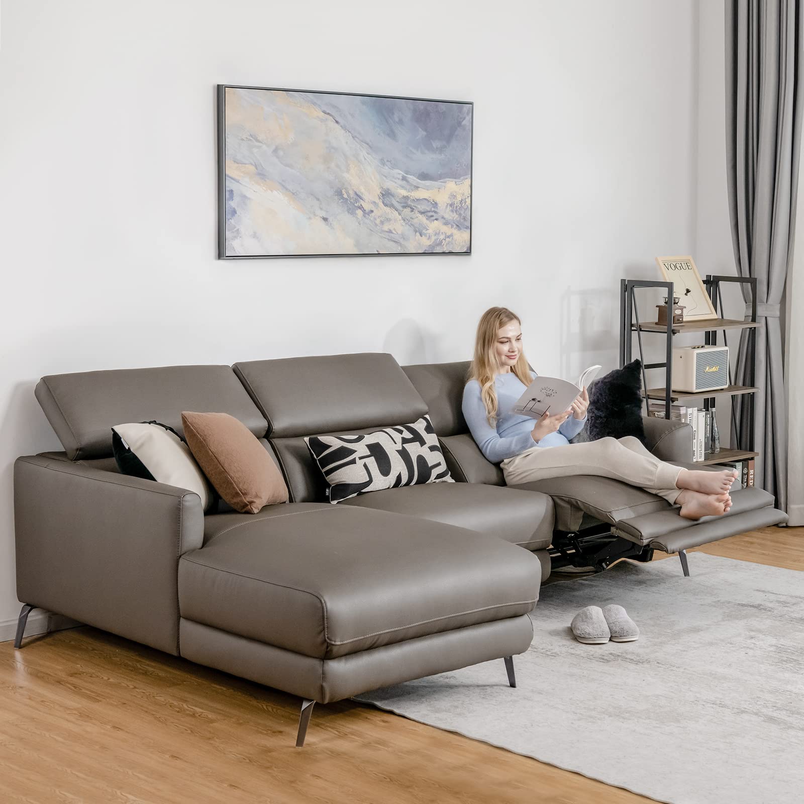 Giantex Upholstered Sectional Sofa Couch, with Chaise Lounge and Electric Power Recliner, CertiPUR-US Sponge, Adjustable Headrests, Metal Legs, Air Leather Modern L-Shaped Living Room Furniture, Grey