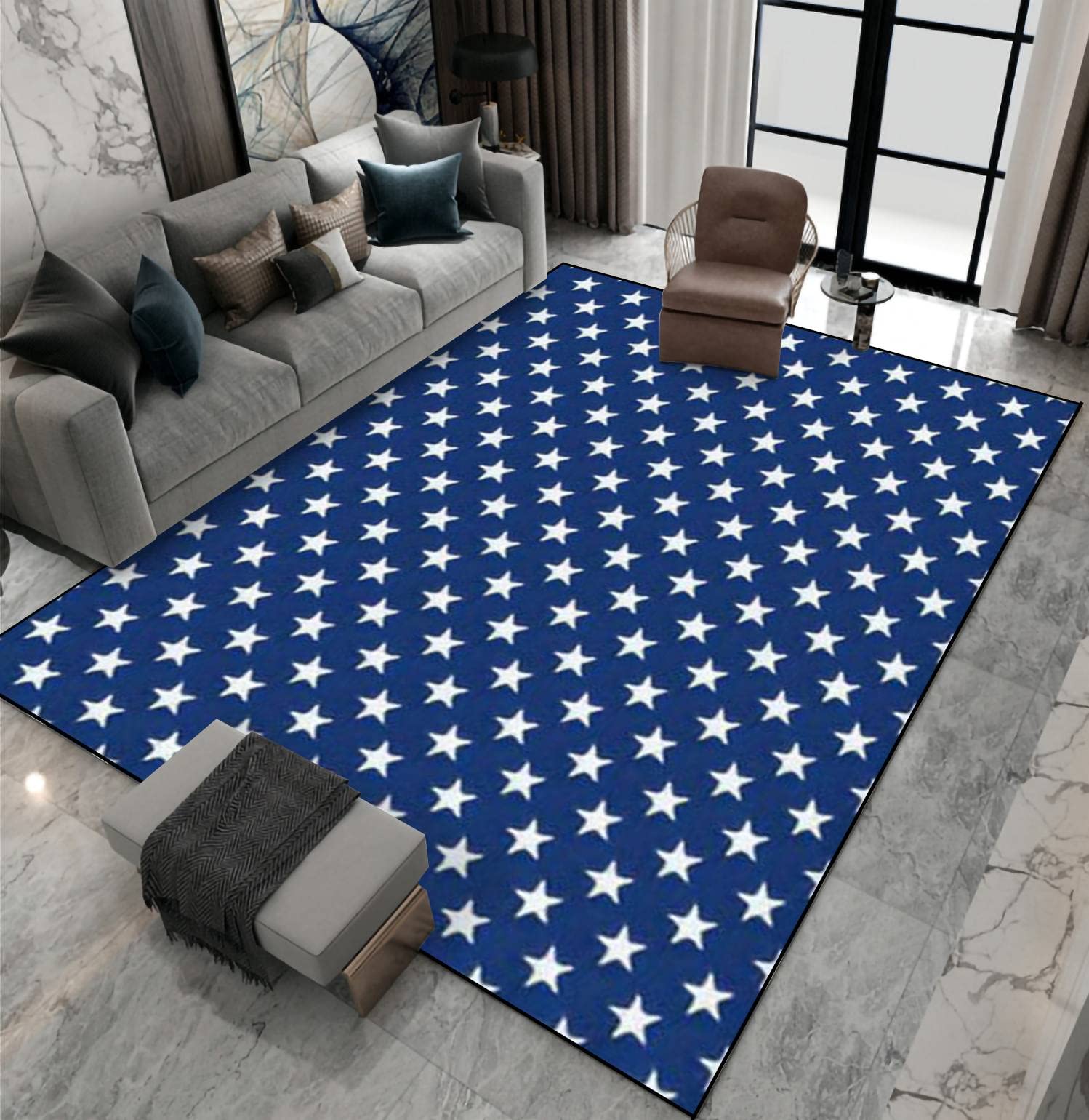 Area Rug Non-Slip Rug Style Seamless White Stars Blue Indoor Outdoor Living Room Bedroom Kids Room Carpet Runner Rug Home Decor Doormat Yoga Mat Patio Floor Mat