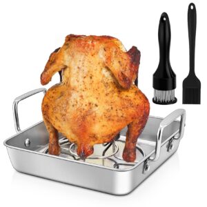 roasting pan with beer can chicken holder, joyfair 9 inch stainless steel square roaster baking pans with grill racks & riveted handles for oven cooking bbq smoking, heavy duty & dishwasher safe (4)