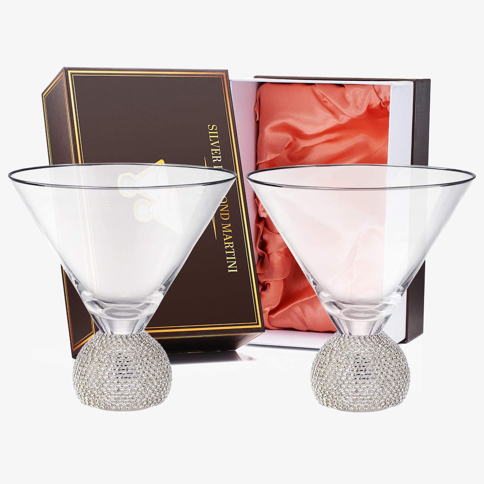 The Wine Savant Wedding Diamond Studded Martini & Cocktail Glasses Set of 2 Matte Silver Glasses, Rhinestone Diamonds Stemless Crystal Ball Base, Bar or Party 10.5 oz, Shiny Style Glass