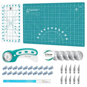 headley tools rotary cutter set - 45mm fabric cutter, 5 extra rotary blades, a3 cutting mat, quilting ruler and sewing clips, craft knife set, ideal for crafting, sewing, patchworking,turquoise