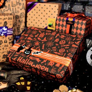 sorkwo Halloween Wrapping Paper Sheet, 6 Sheets Halloween Pattern Paper Flat Wrapping Paper Sheets Gift Wrapping Paper with 6 style for Halloween Birthday Party Gift