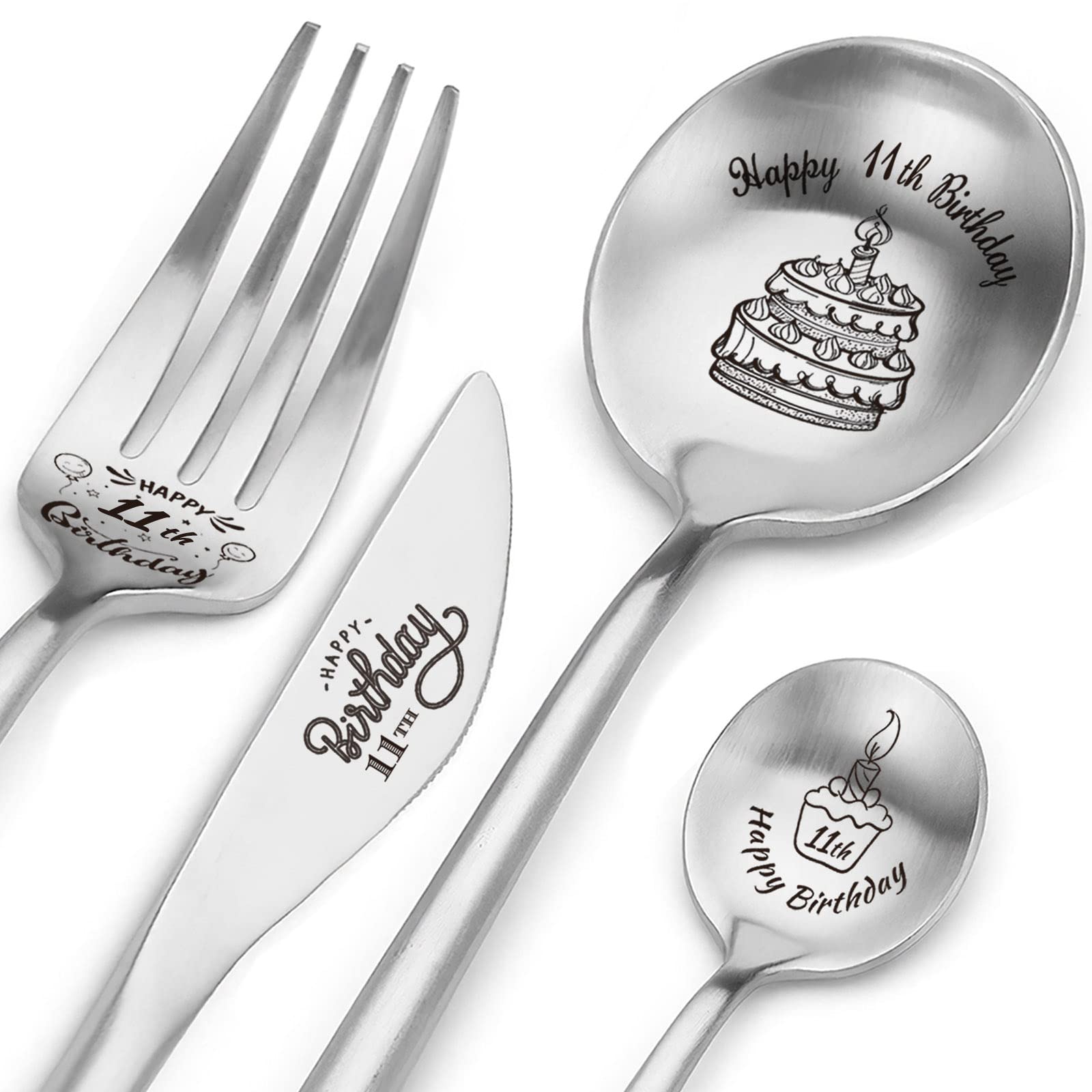 Happy 11th Birthday Spoon&Fork Gifts Engraved Cutlery Set Personalized Birthday Gifts for Son Daughter Sister Brother Friends