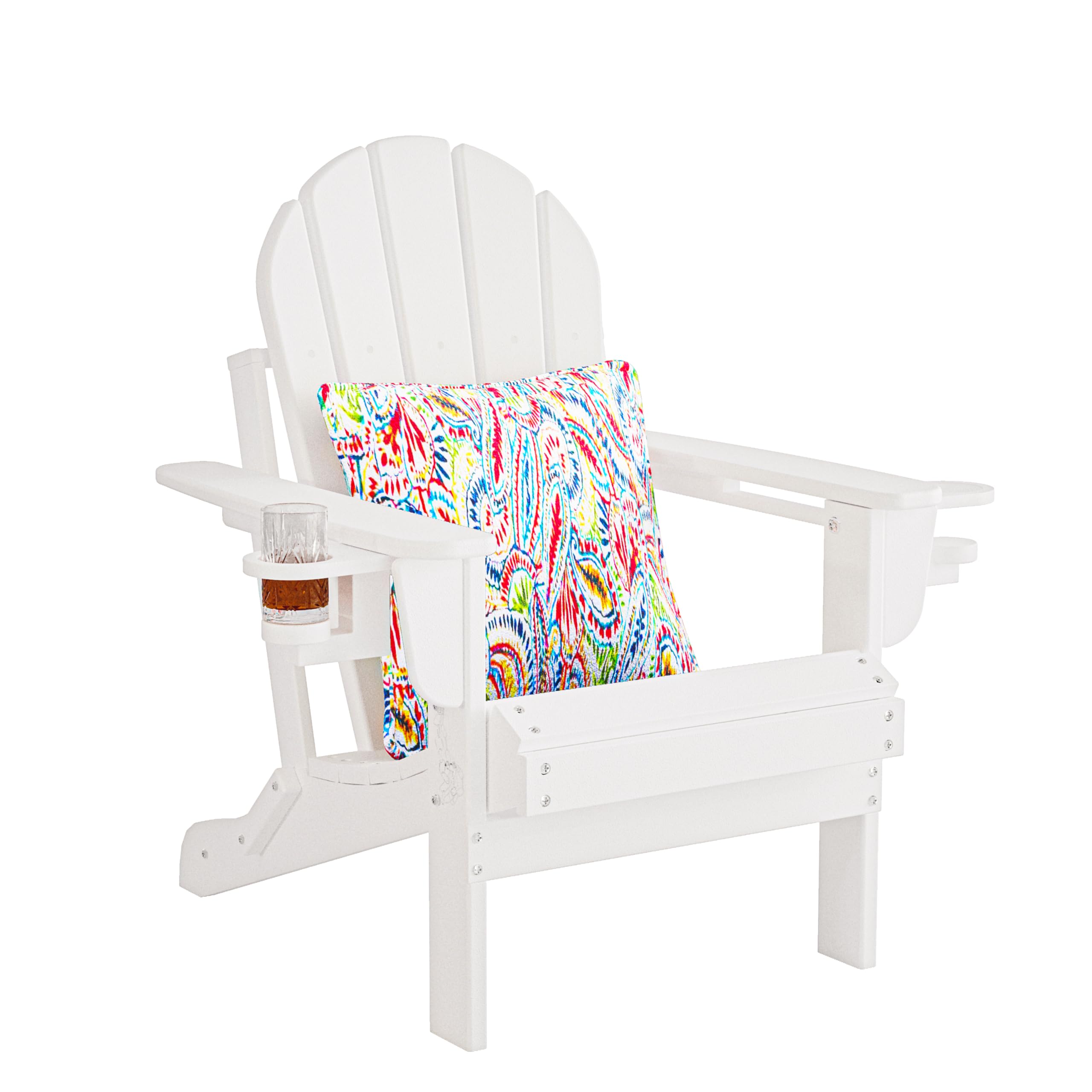 Sundale Outdoor Folding All Weather Plastic Adirondack Chair with 2 Concealable Cup Holder and 1 Stylish Cushion/Pillow, Perfect for Outside Patio Garden Pool Yard Pure White