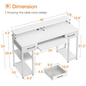 ODK Computer Desk, 48'' Office Desk with Keyboard Tray, Writting Desk with Drawers and Monitor Stand, Study Table with CPU Stand and Removable Shelf for Storage, Whtie